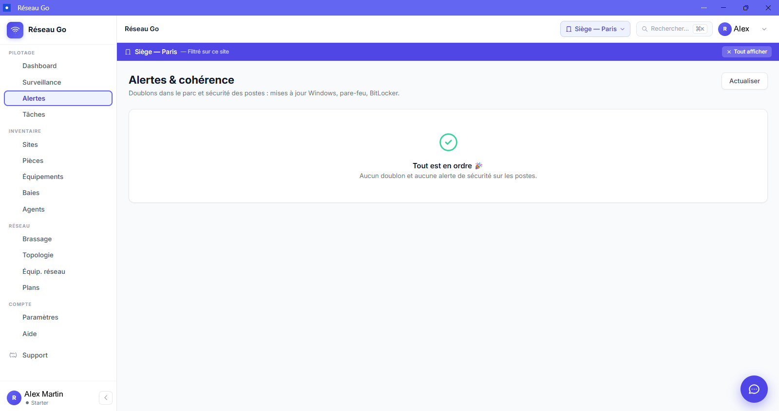 Page Alertes et cohérence — supervision des postes